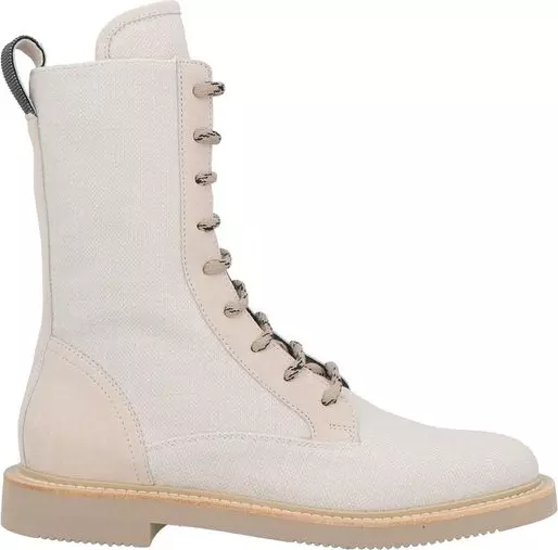 Beige Cotton Lace-Up Boots