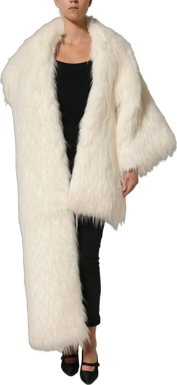 White Faux Fur Long Sleeves Coat Jacket