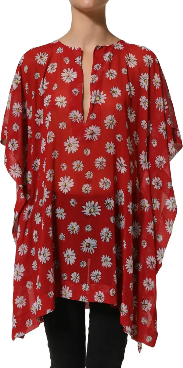Red Floral V-neck Polyester Kaftan Blouse Top