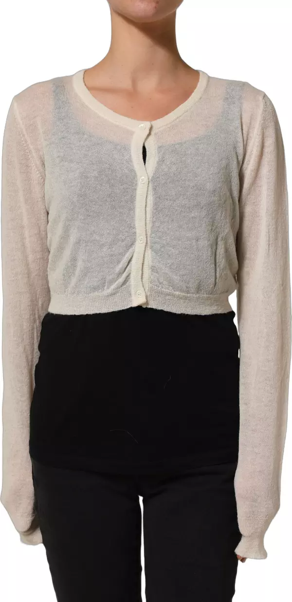 White Knit Cropped Wool Cardigan Sweater