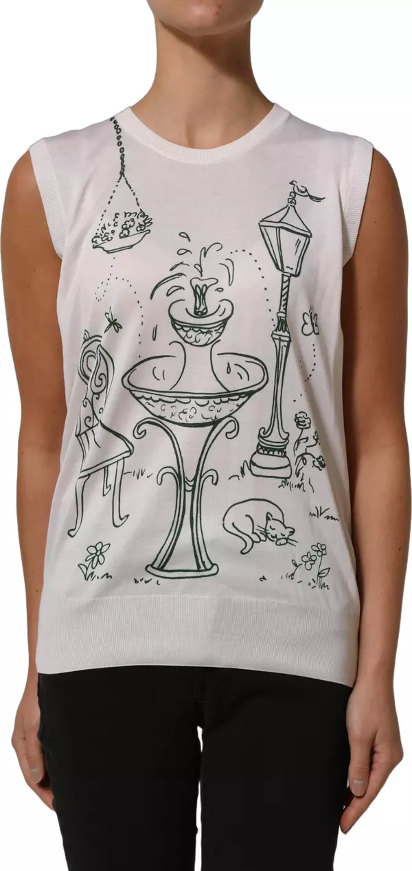 White Silk Knit Garden Fountain Print Tank Top