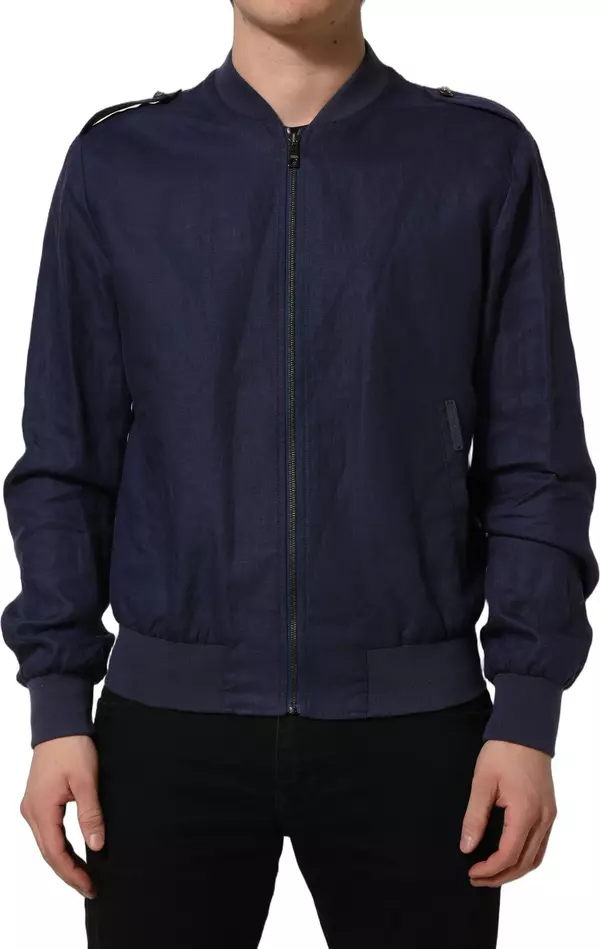 Blue Linen Full Zip Men Bomber Jacket