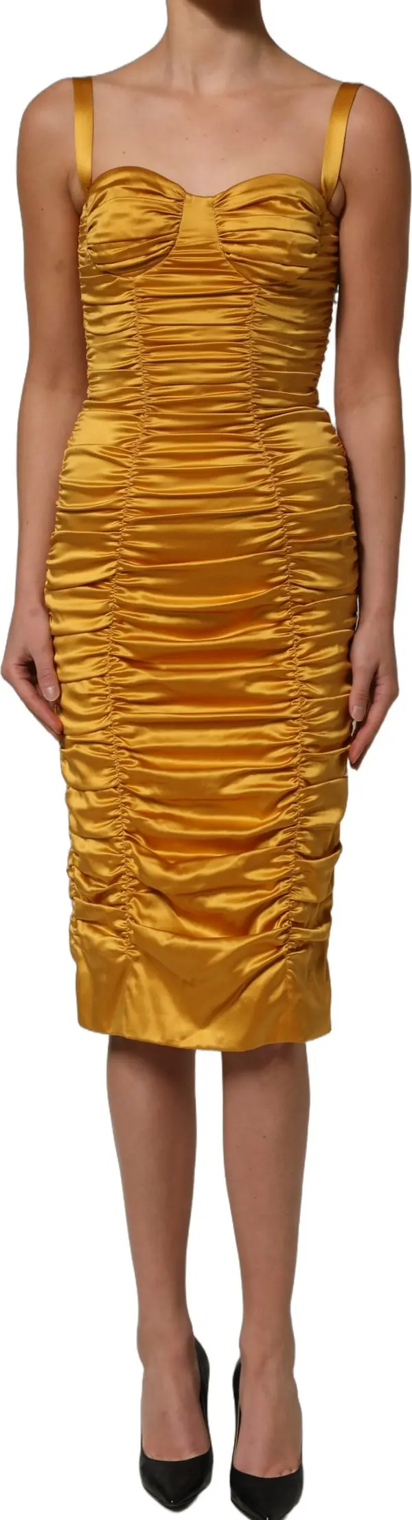Gold Silk Ruched Bodycon Sheath Midi Dress