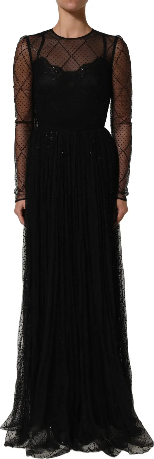 Black Mesh Lace Long Sleeved Maxi Gown Dress
