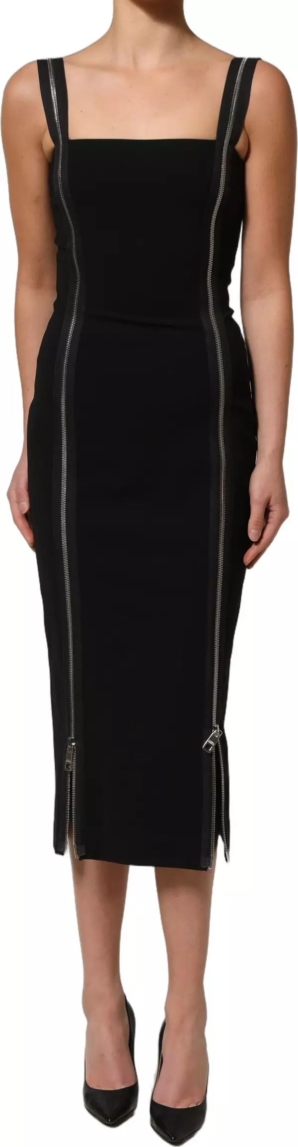 Black Sleeveless Front Zipper Midi Dress