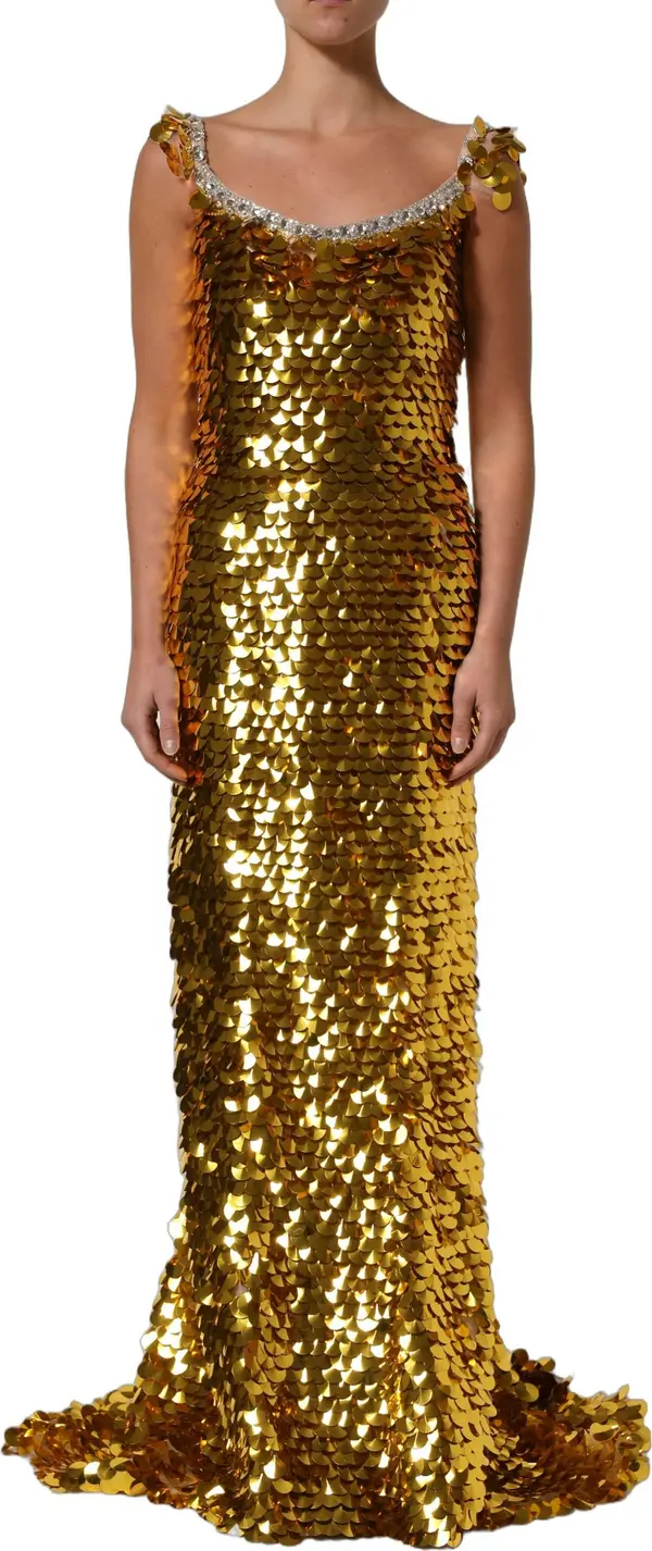 Gold Sequin Embellished Sleeveless Gown Dress