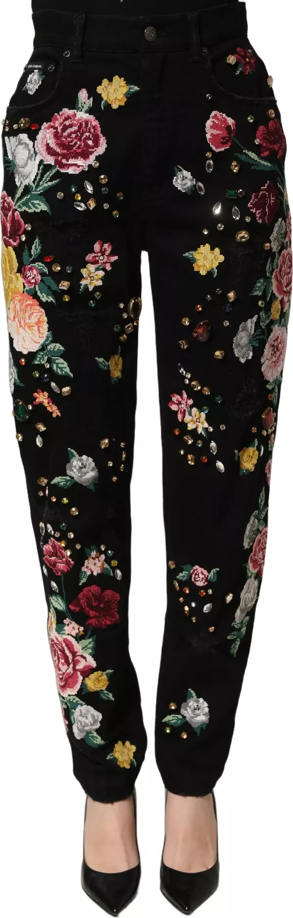 Black Floral Cotton High Waist Tapered Pants