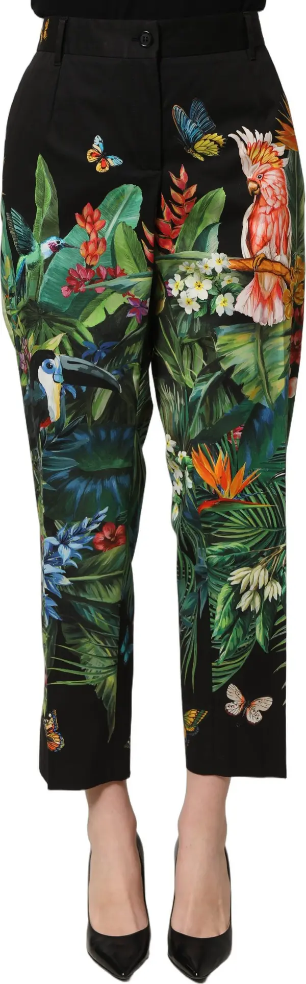 Black Tropical Print Cotton HighWaist Pants
