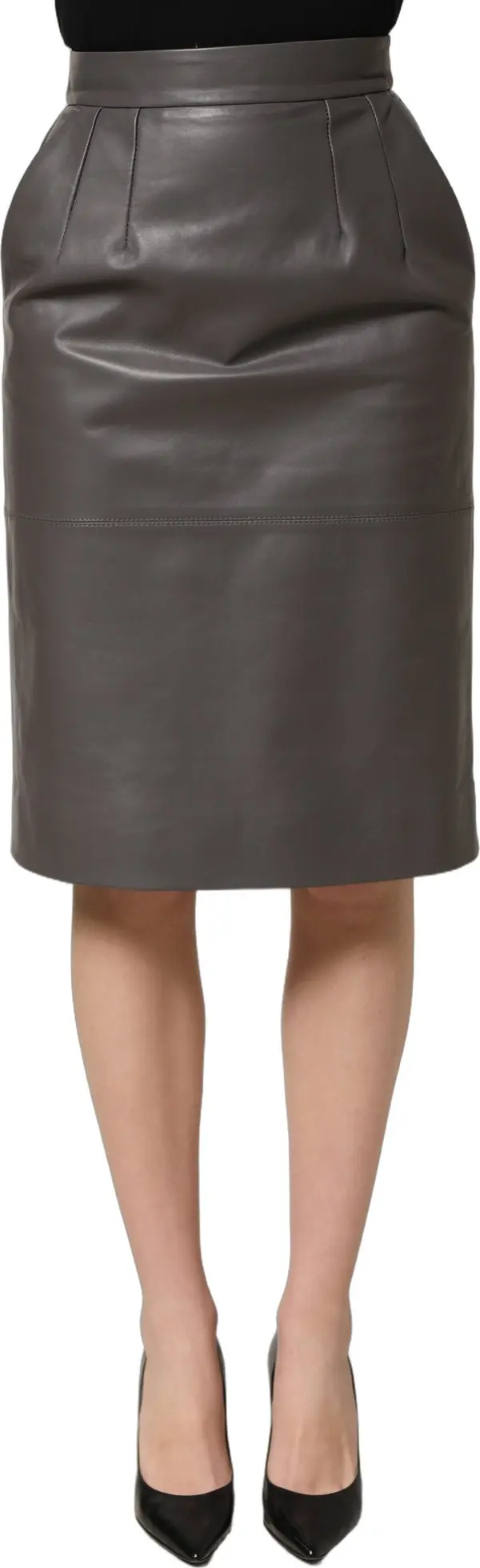 Gray Leather High Waist Pencil Cut Midi Skirt