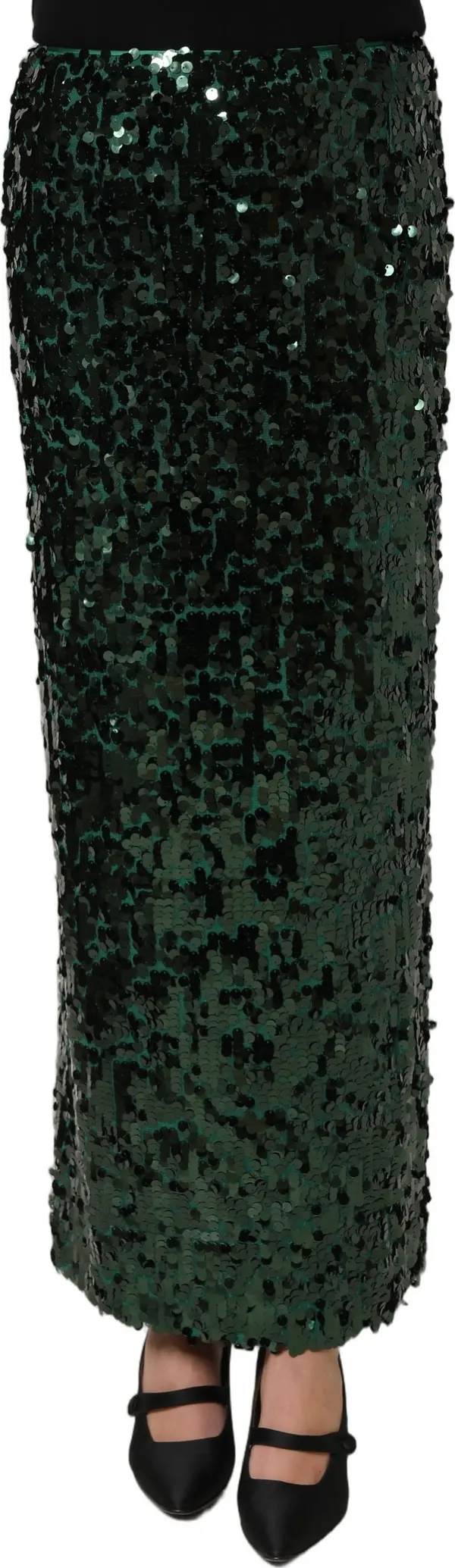Green Sequin High Waist Pencil Cut Midi Skirt