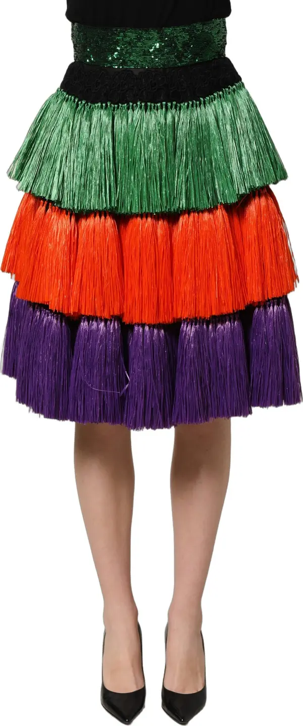 Multicolor Fringed High Waist Knee Length Skirt