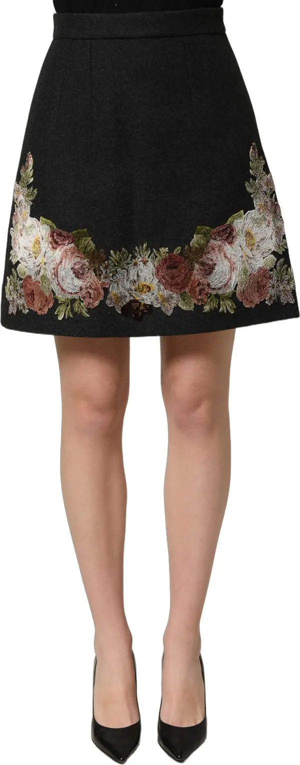 Black Floral Macramé High Waist A-line Skirt