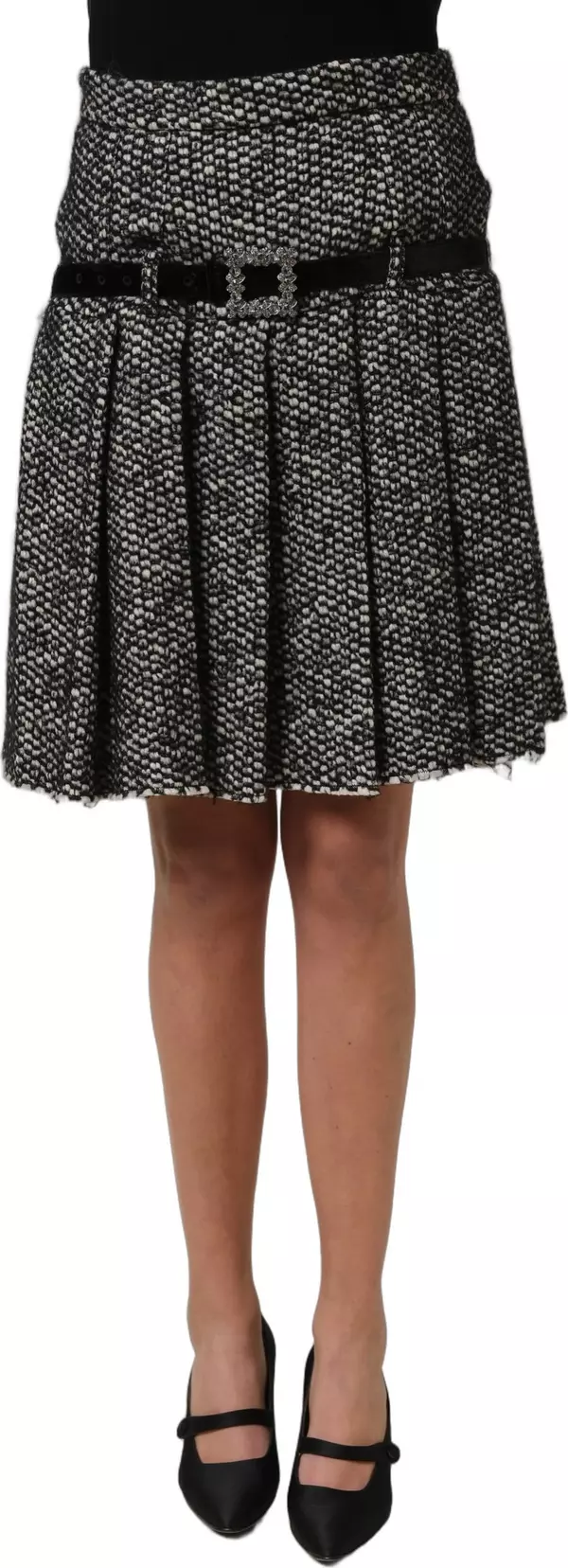 Black White Tweed High Waist Pleated Skirt