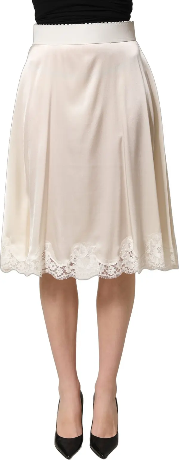 Off White Lace Trimmed Satin High Waist Skirt