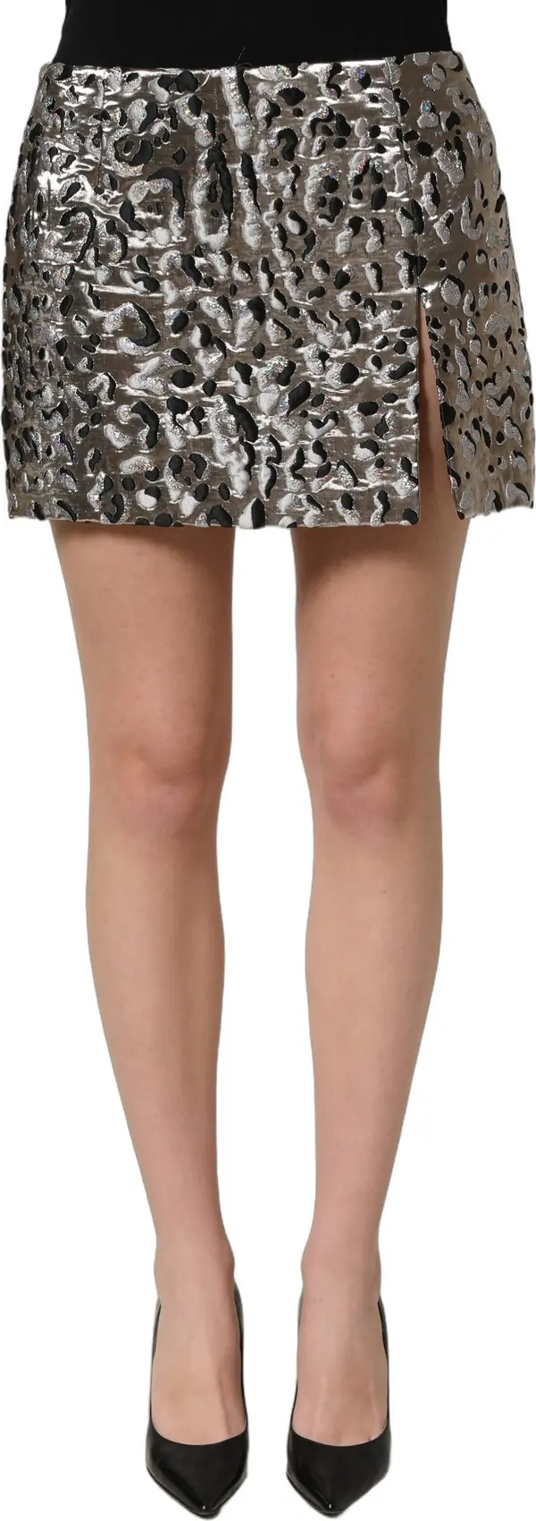 Silver Leopard Jacquard Mid Waist Mini Skirt