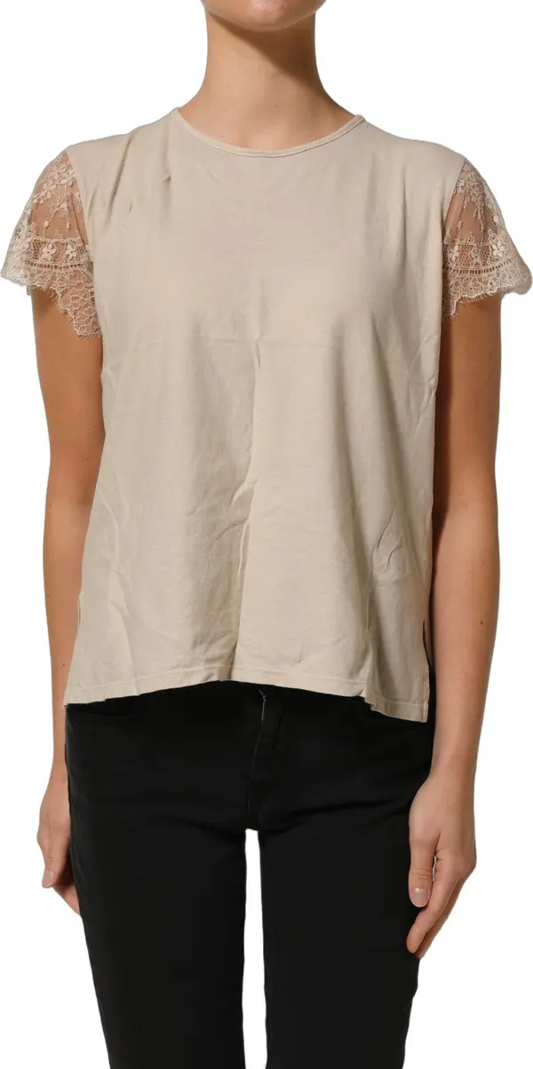 Beige Cotton Lace Detailing Round Neck Top