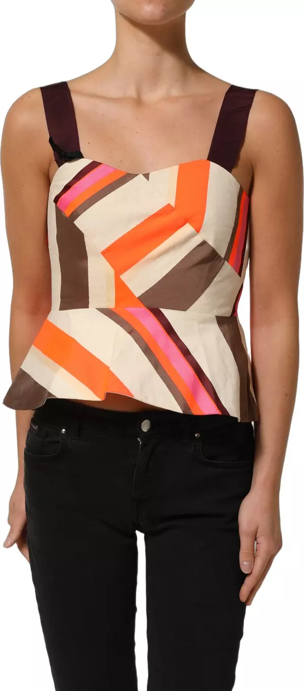Multicolor Striped Cotton Sleeveless Draped Peplum Top