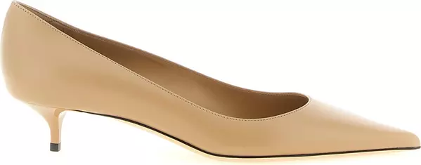 Beige Leather Mid Heel Pumps