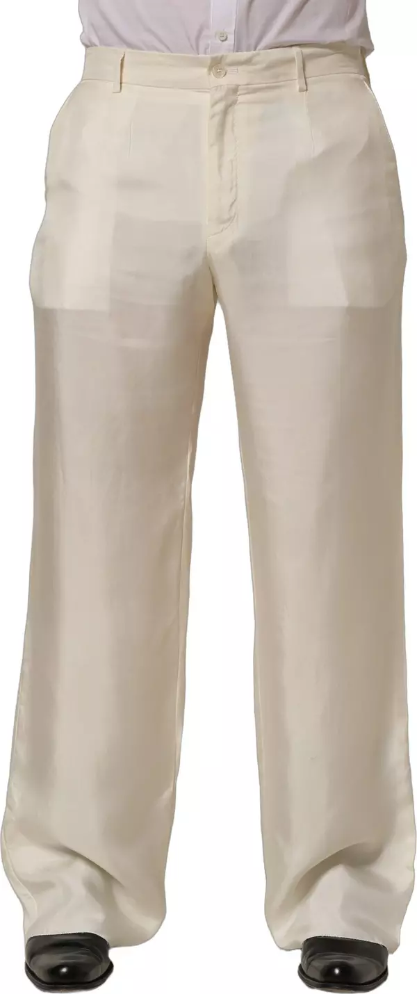 Off White Silk Straight Wide Leg Trouser Pants