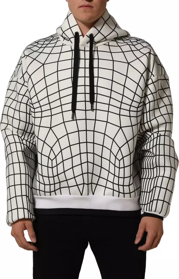 White Black WarpGrid Pattern Hoodie Sweater