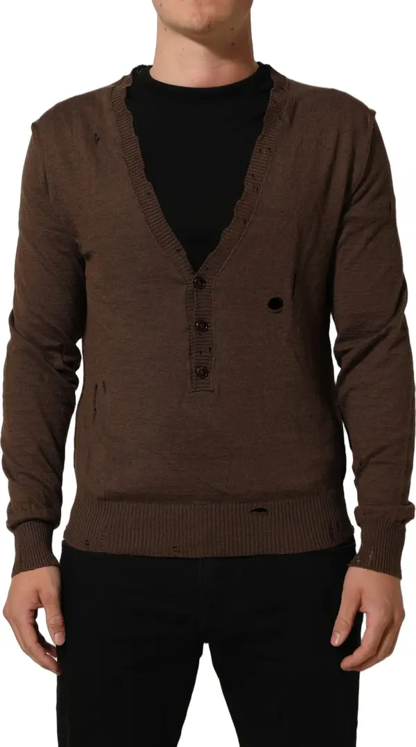 Brown Flax Buttoned V-neck Pullover Sweater