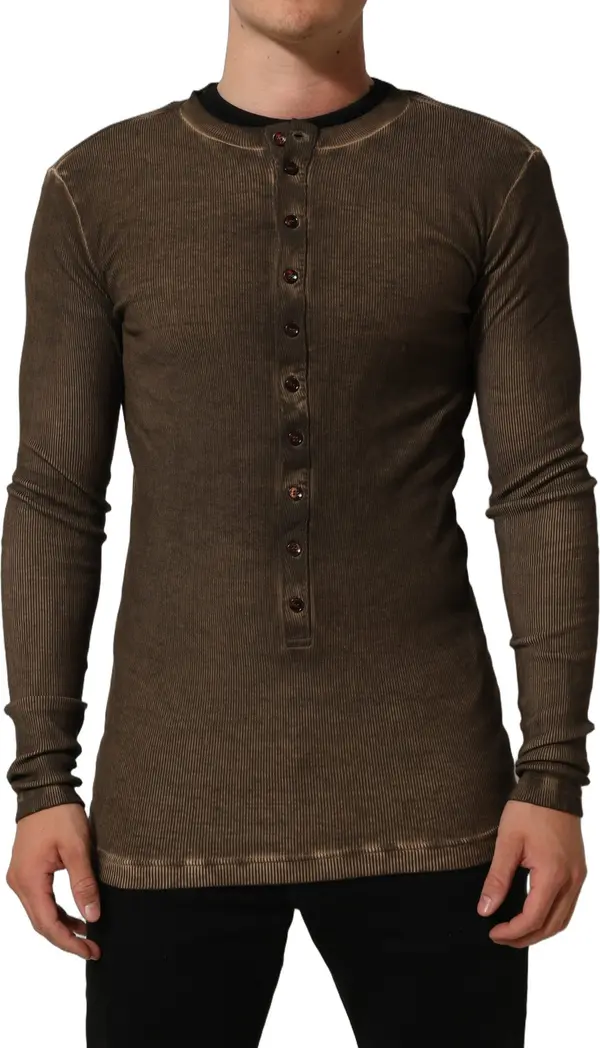 Brown Cotton Buttoned Henley Pullover Sweater