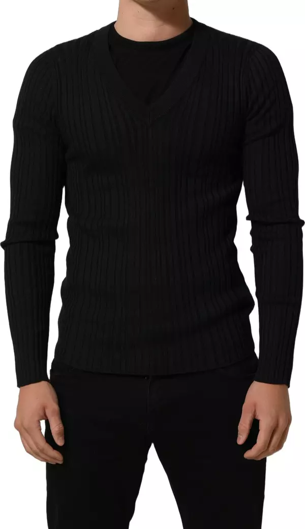 Black Silk Blend V-neck Pullover Men Sweater