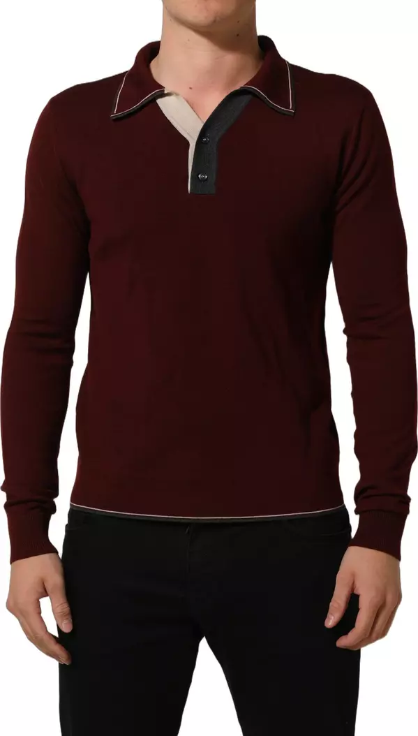 Burgundy Wool Knit Henley Pullover Sweater