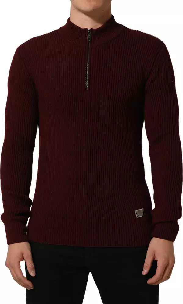 Burgundy Wool Half Zip Men Pullover Sweater