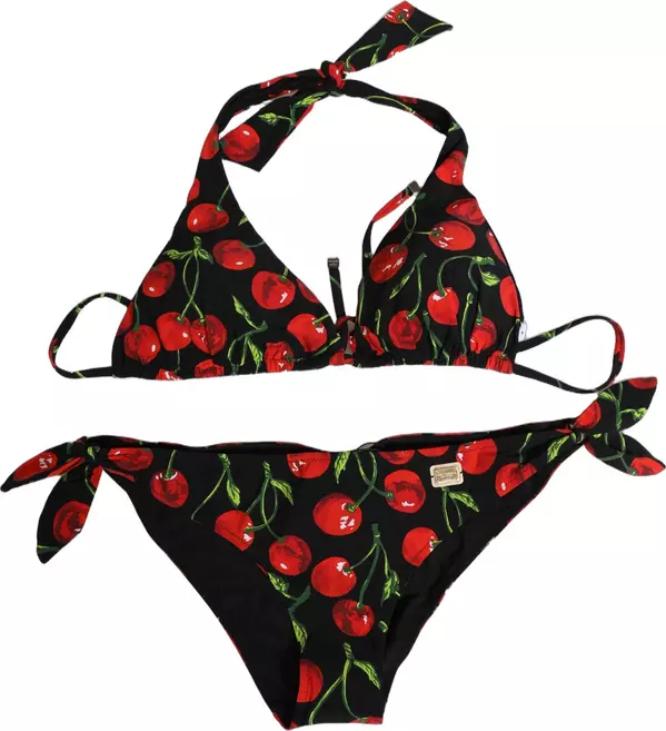 Black Cherry Print Nylon Bikini 2 Piece Swimwear