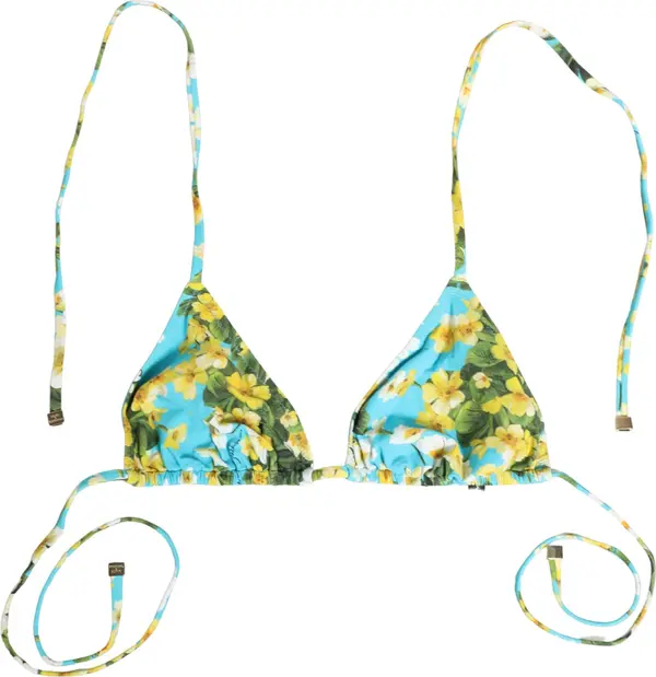Blue Floral Print Nylon Halter Bikini Top Swimwear