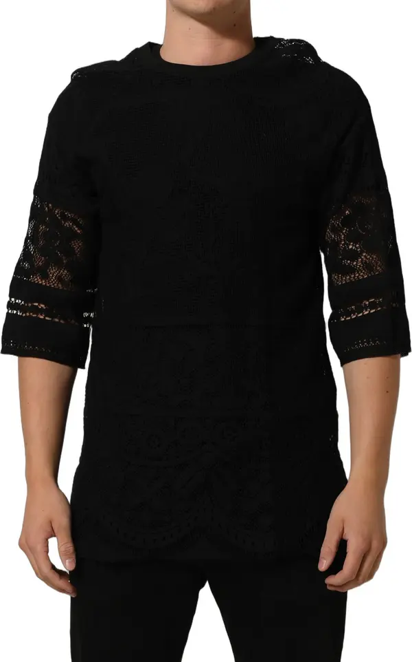 Black Cotton Floral Lace Crew Neck T-shirt