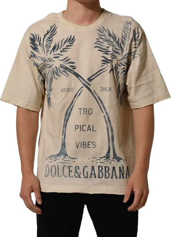 Beige Cotton Graphic Print Crew Neck  T-shirt