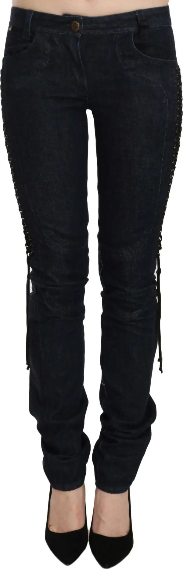 Blue Low Waist Skinny Trousers Braided String Pants
