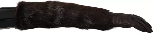 Brown Elbow Length Mittens Leather Fur Gloves
