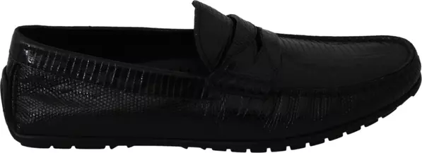 Black Lizard Leather Flat Loafers Shoes