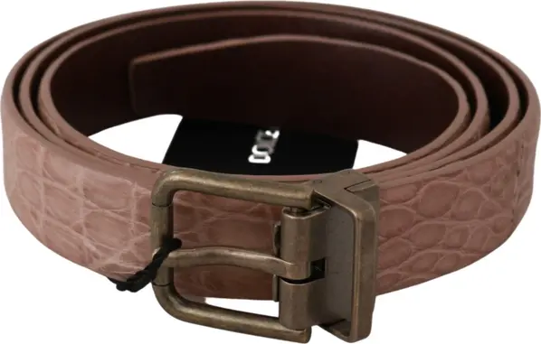 Beige Exotic Skin Gold Buckle Leather Belt