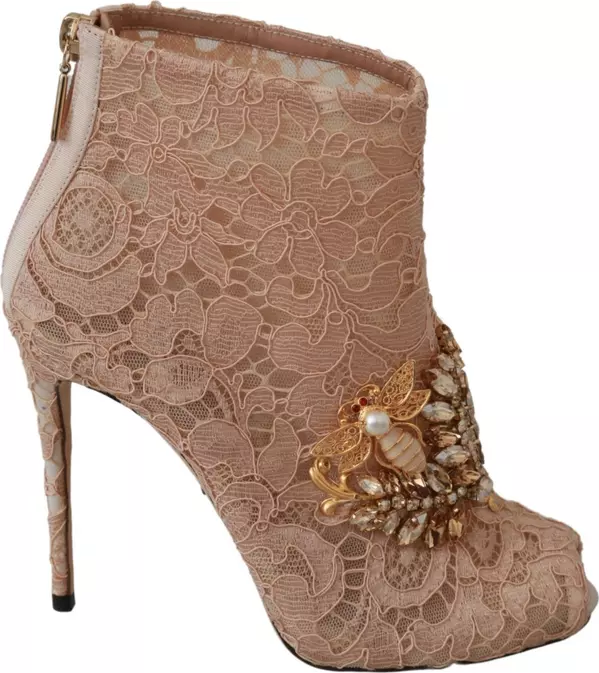 Pink Crystal Lace Booties Stilettos Shoes