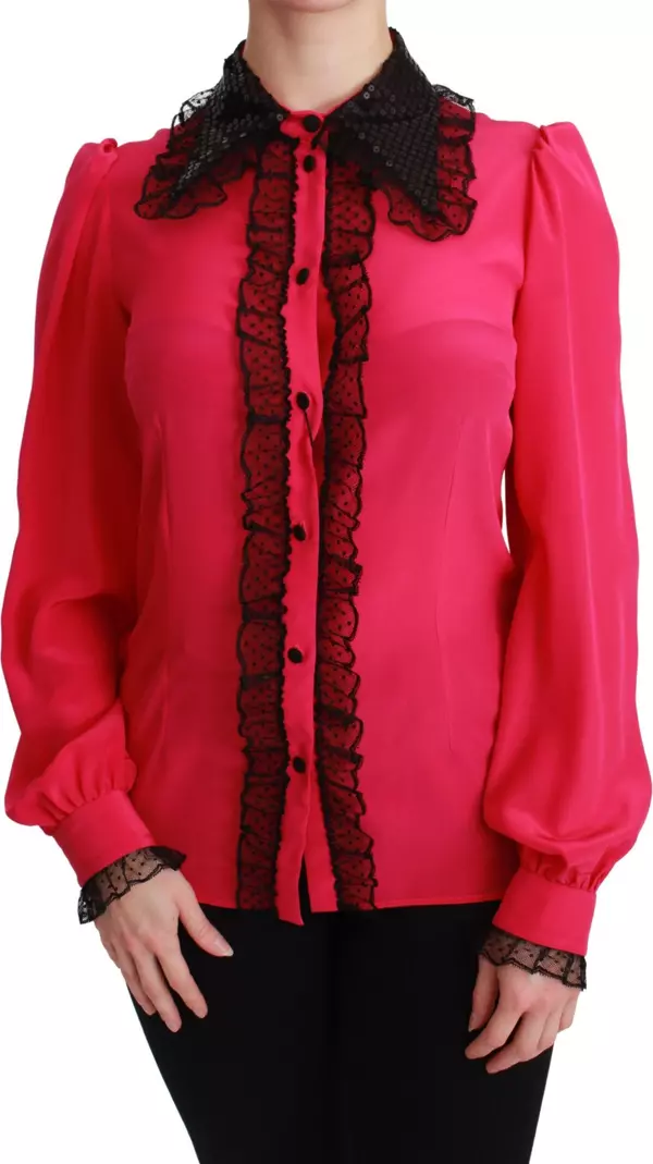 Pink Silk Black Sequin Lace Shirt Blouse
