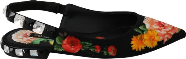 Black Floral Crystal Slingbacks Flats Shoes