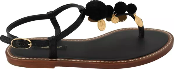 Black Leather Coins Flip Flops Sandals Shoes