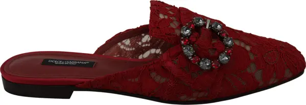 Red Lace Crystal Slide On Flats Shoes