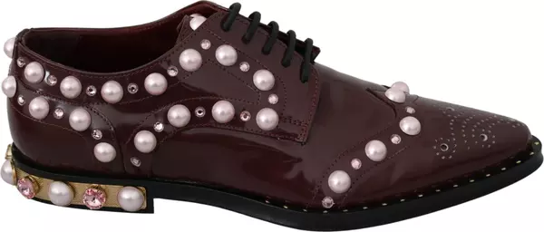Bordeaux Leather Crystal Pearls Formal Shoes