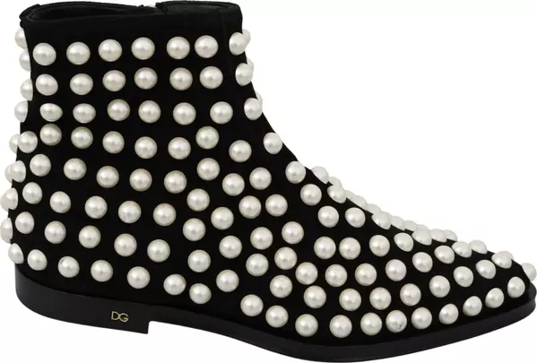 Black Suede Pearl Studs Boots Shoes