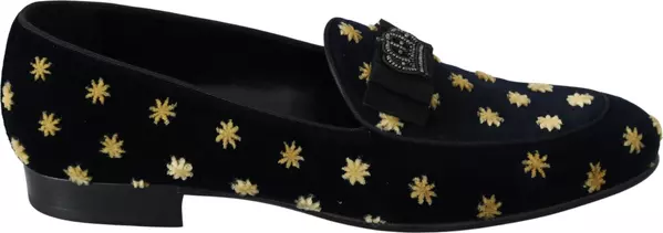 Blue Velvet Crown Slippers Loafers Shoes