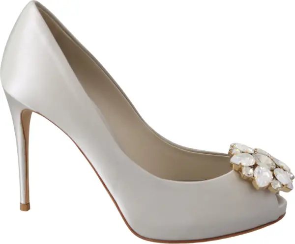 White Crystals Peep Toe Heels Satin Pumps Shoes