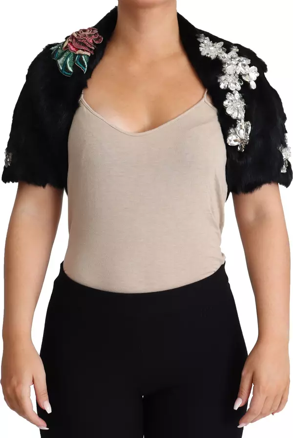 Black Rabbit Fur Crystals Sequin Coat