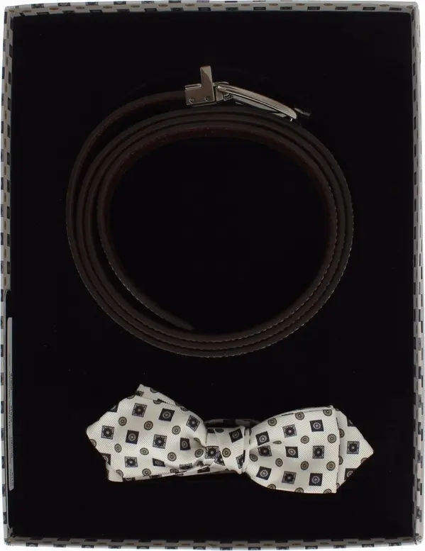 White Silk Bowtie Leather Men Belt Gift Box