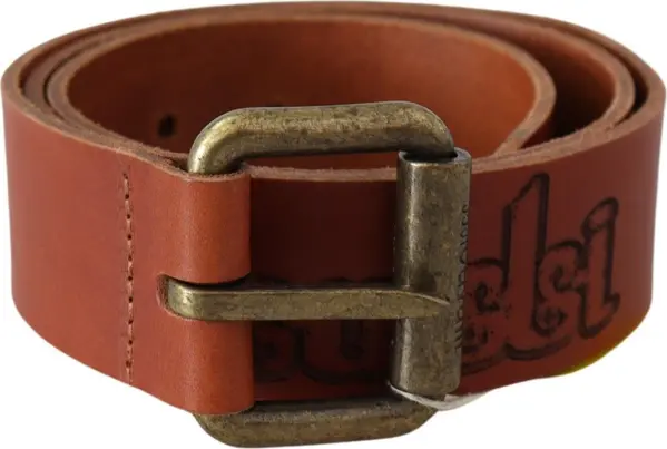 Brown Leather Logo Bronze Rustic Metal Buckle Belt