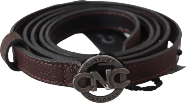 Brown Skinny Leather Round Logo Buckle Belt